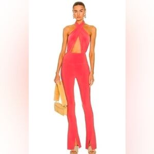 NORMA KAMALI CROSS HALTER BODYSUIT AND SPAT LEGGINGS IN PAPAYA LARGE